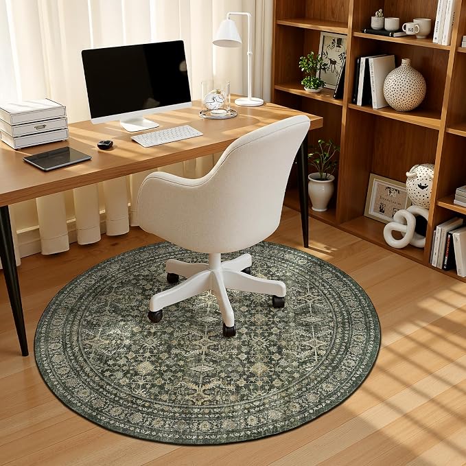 4ft Area Rugs for Living Room Bedroom, Green Washable Non-Slip Carpet | Soft Boho Area Rug for Dining Room Home Office Indoor Nursery, Stain Resistant, Low Pile, Foldable Vintage Distressed Rug