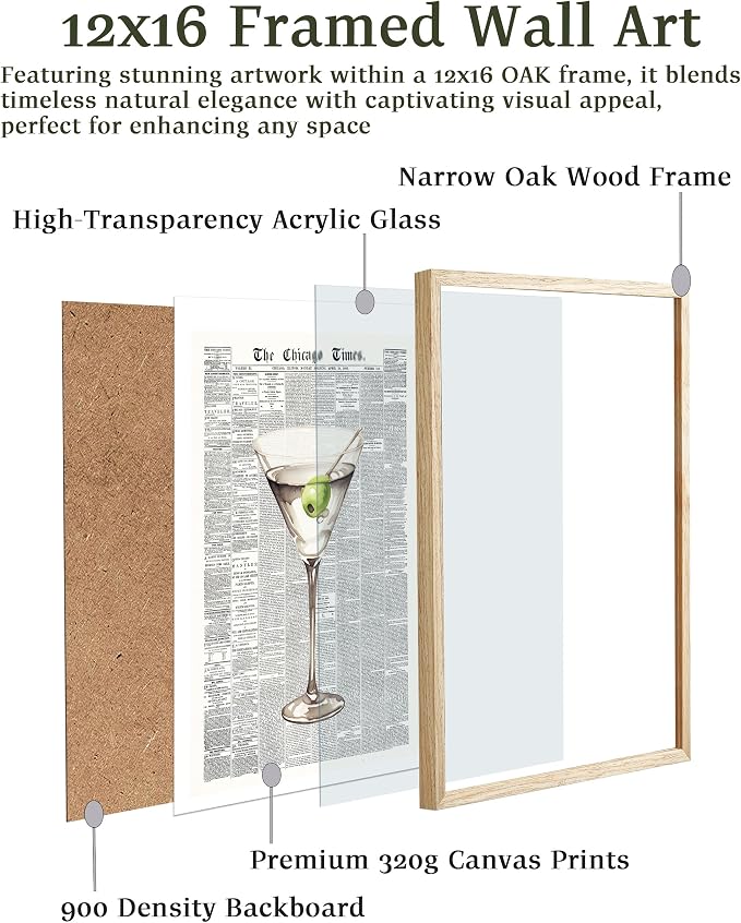 EcoHest 12x16 in Martini Newspaper Framed Wall Art for Bar Cart | Natural Oak Wood Frame, Canvas Wall Art, Martini Cocktail Bar Cart Decor for Living Room, Apartment, Dorm Room, Bedroom,1Pack