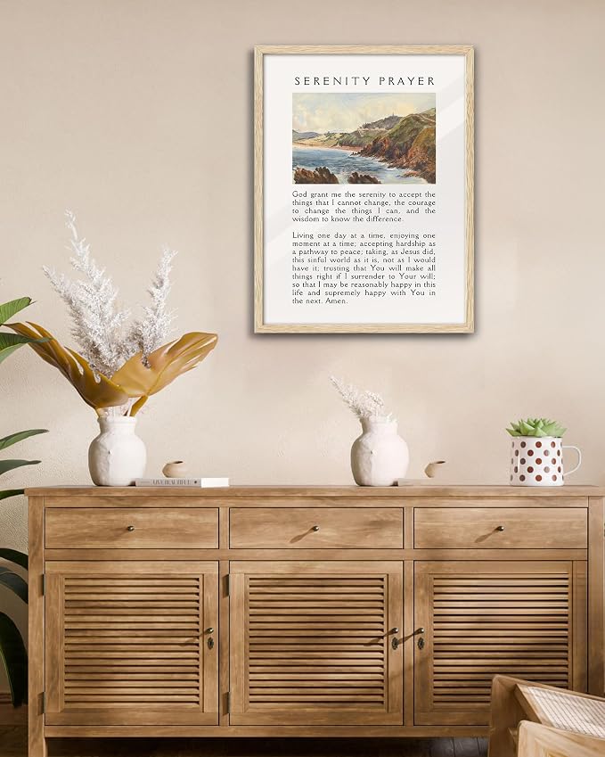 EcoHest 16x20 in Serenity Prayer Mountain Framed Christian Wall Art | Solid Oak Wood Frame with Canvas Wall Art, Scripture Bible Verse Wall Decor for Bedroom, Living Room, Office, Church, 1Pack