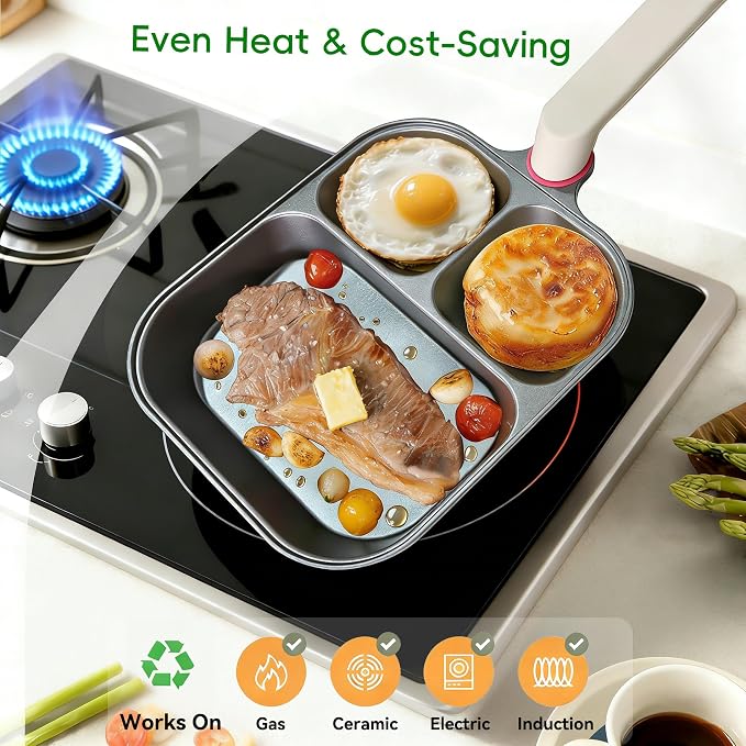 9.25" Titanium Nonstick Divided Egg Pan, 3-In-1 Breakfast Skillet with 2 Round & 1 Square Compartments, Induction & Gas Compatible, PFOA/PTFE Free, Cook Eggs, Pancakes & Bacon Simultaneously
