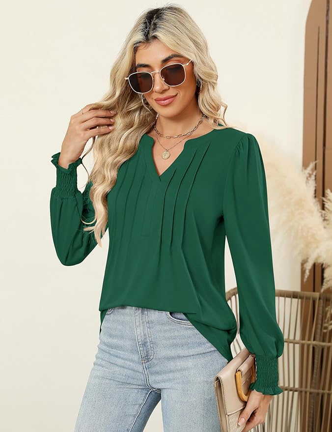 LOMON Womens Tops Dressy Casual Pleated Ruffle Long Sleeve Tunics Tops to Wear with Leggings V Neck Work Blouse