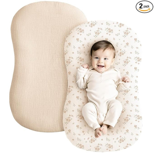 Konssy Muslin Baby Lounger Cover 2 Pack, 100% Cotton Newborn Lounger Cover, Soft and Breathable Baby Nest Slipcover for Boys Girls (Blossom,Pink)