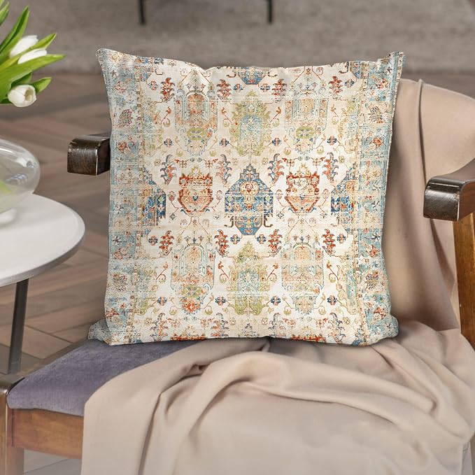 Boho Floral Throw Pillow Covers 18x18 inch Set of 2,Beige Boho Rug Geometric Floral Pattern Decor Double Sided Pattern Cushion Cover Soft Pillow Case Living Sofa Room Bed Square Pillow Cover