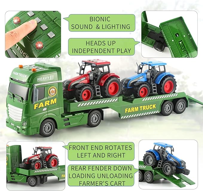 25" Semi Truck Farmer Truck Trailer Friction Powered Vehicles, 3 in 1 Includes 2 Farmer Tractor Push & Go Farming Toys Playset for Boys Kids Toddlers Age 3+