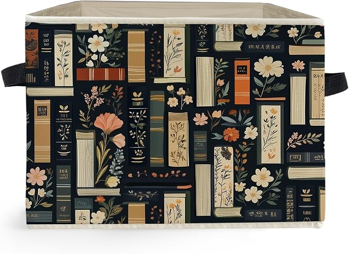 Dark Floral Book Storage Box Bins, Bookish Reading Lover Gifts Collapsible Storage Basket Organizer for Reading Room Corner Nook Library Girls Bedroom Home Clothes Books
