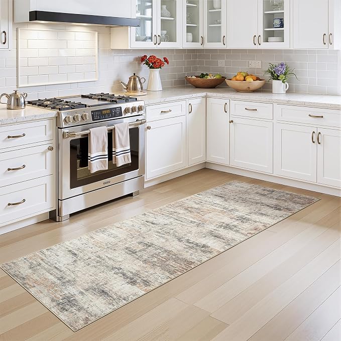 2X6 Area Rug for Hallways, Gold Abstract Washable Non-Slip Runner Rugs | Low Pile Runner Rugs, Soft Carpet for Kitchen Bathroom Bedroom Laundry, Stain Resistant Foldable Non-Shedding Distressed Rug