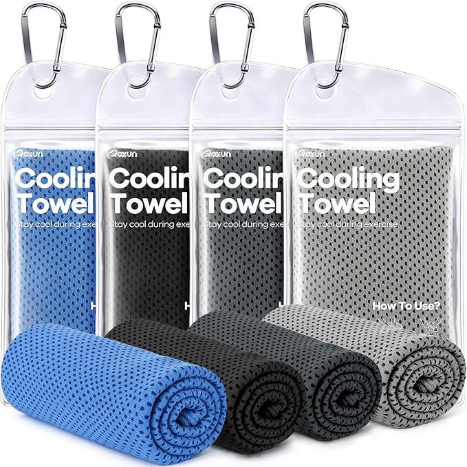ROXUN 4 Pack Cooling Towels, 40''x12'' Soft Breathable Chilly Neck Ice Rags | Workout Running Golf Gray+Dark Gray+Blue+Black