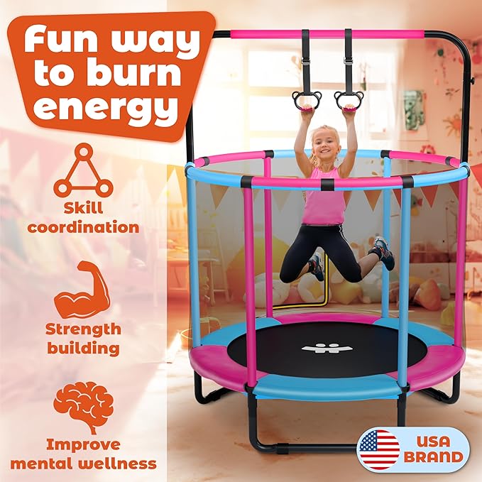 Happin® 55â€ Toddler Trampoline Indoor & Outdoor Playset, 5FT Kids Trampoline, Ultra Safe Mini Trampoline for Kids with Safety Enclosure Net, Gifts for Birthday with Basketball Hoop