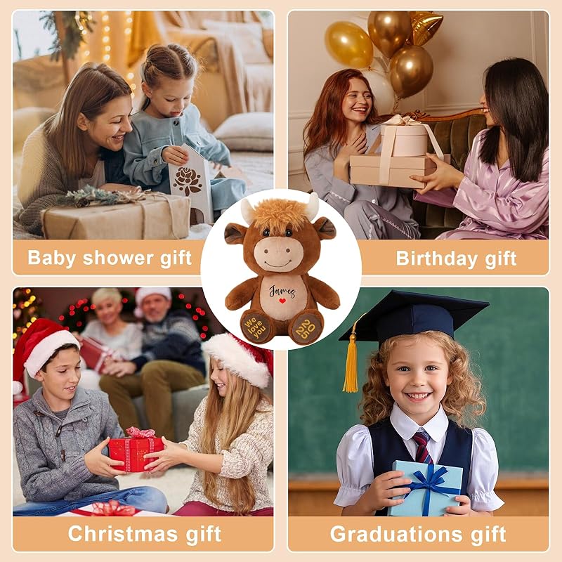 Personalized Highland Cow Stuffed Animal, Farm Cattle Plushie with Custom Name Date Message, Cute Scottish Highland Cows Gift for Baby Kids Adults Women (Brown Cow, 11 Inch)
