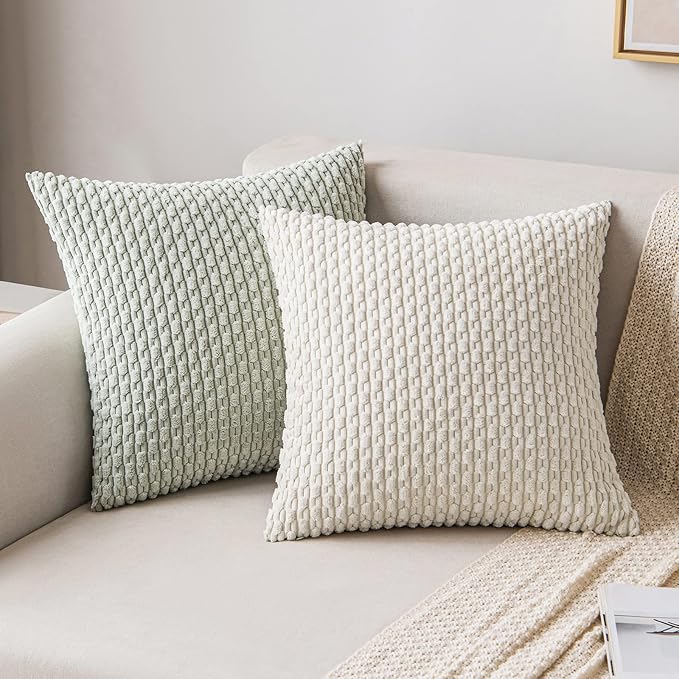 MIULEE Decorative Throw Pillow Covers 18x18 Light Green Textured Corduroy | Pack of 2 Striped Pillow Covers Modern Farmhouse Home Decor for Couch Bed Sofa Living Room