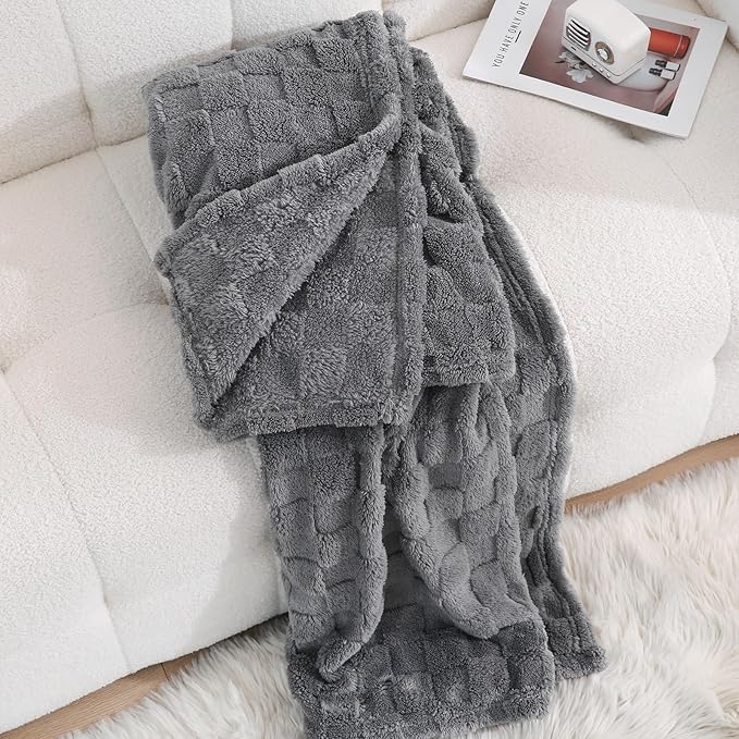 Grey Fleece Throw Blanket 60”×80” Checkered Design for Couch | Super Soft Cozy Plush Microfiber 3D Square Pattern Flannel Blanket for Sofa Bed Lightweight for Adults,Women