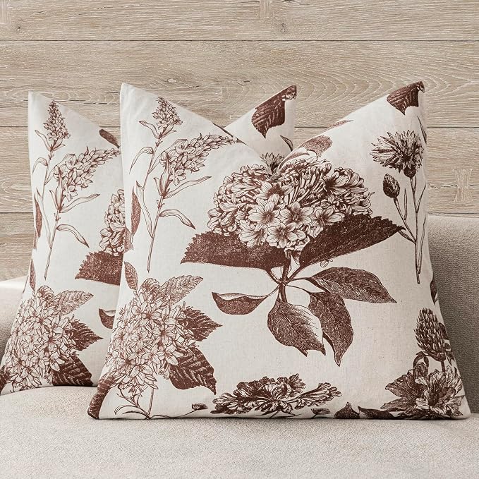 Foindtower Set of 2 Linen Floral Throw Pillow Covers Neutral Vintage Print Decorative Cushion Covers Farmhouse Boho Home Decor for Sofa Chair Couch Bedroom Living Room,20×20 Inch,Dark Brown