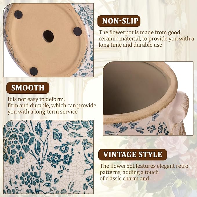 Ceramic Scroll Planter 6.5 Inch Chinoiserie Floral Vase with Drainage Holes Vintage Flower Vase Flower Pot Rustic Ceramic Pots for Indoor Plants Garden Home Bookshelf Decor(Indigo Blue)