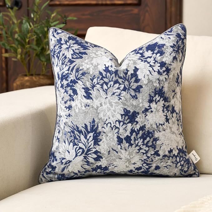 Neutral Floral Pillow Cover 18 x18 Inches, Vintage Chenille Square Throw Pillow Cover Soft Decorative Farmhouse Accent Couch Pillow Cover for Living Room Bedroom, Blue