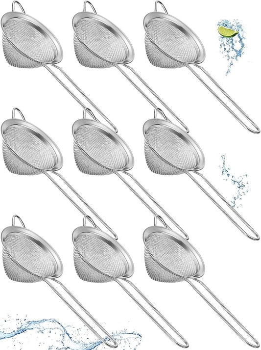 Epakh 9 Packs Stainless Steel Small Strainer, Fine Mesh Steel Cone Shaped Cocktail Strainer for Juice, Tea Herbs, Coffee Drinks, Long Handle Coffee Food, 3.2 Inches Silver