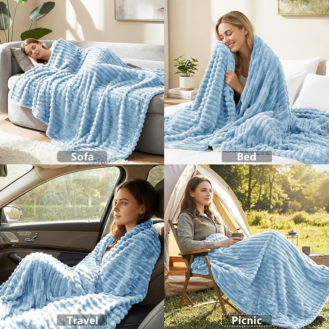 HIMEET Light Blue Full Blanket for Bed, 300GSM Ribbed Fleece, 84 x 90 in | Ultra Soft Flannel, All-Season Lightweight Warmth, Bed Layering & Home Room Decor, Gift for Men & Women, Machine Washable