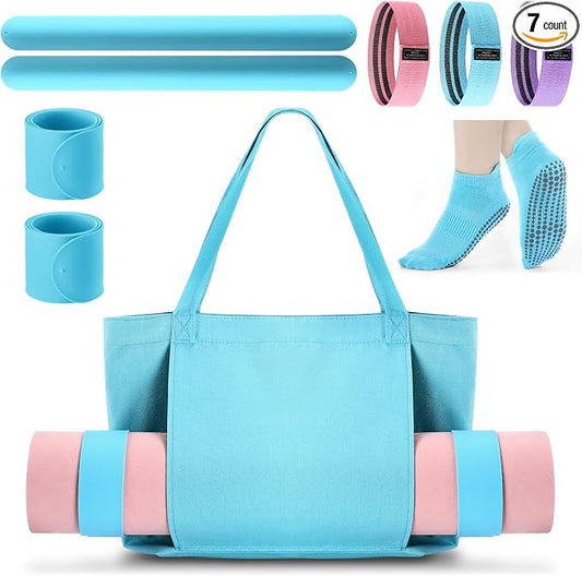 Halloscume Yoga Bag Set for Women Including Yoga Mat Tote Bag, Booty Resistance Bands, Non Slip Sports Socks Silicone Ties for Pilates Travel Workout Office Home Gym