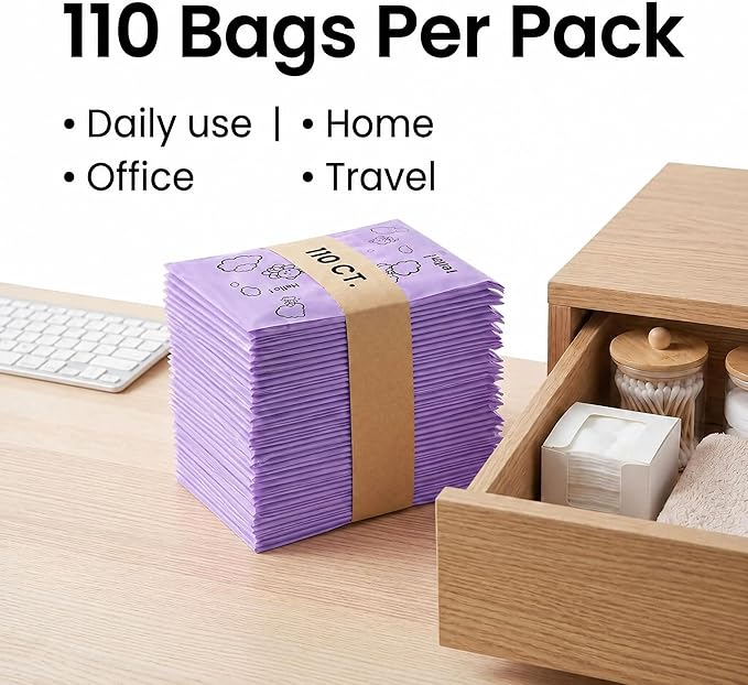 [110 Count] Bynibiny Purple Feminine Hygiene Disposal Bags for Pads | PE Self-Sealing Sanitary Napkin Bags with Adhesive Strip, 29x17cm, Teddy Bear Print, Discreet for Bathroom, Travel, Office