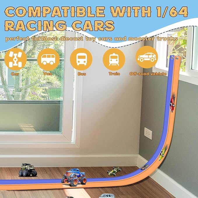 Flex Tracks 15 Ft for Kids Starter Set, Flexible Race Car Ramp Track with Suction Cups Compatible with Hot Wheels and Diecast 1/64th Cars for Ages 3 & Up(Blue & Orange)