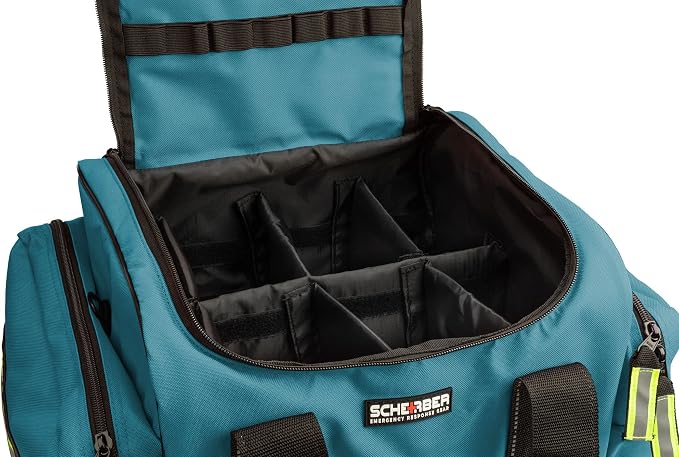 Scherber First Responder Fully-Stocked Large Professional Essentials EMT/EMS Trauma Kit | HSA/FSA Approved | Reflective Bag w/8 Zippered Pockets & Compartments & 250 First Aid Supplies (Blue)