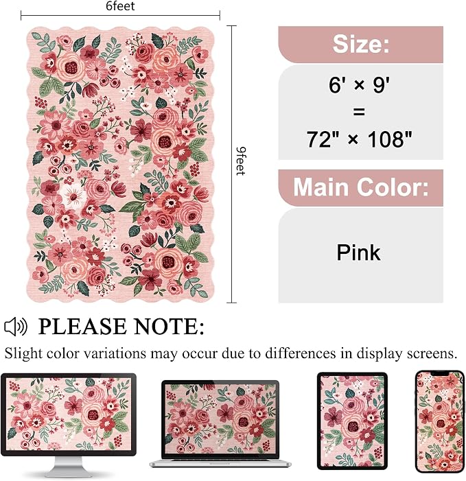 DUKINO 6x9 Area Rugs, Floral Washable Rug for Living Room Non Slip, Pink | Low Pile, Stain Resistant, Soft Indoor Large Rugs for Bedroom, Dining Room, Kids Playroom, Nursery, Pet Friendly, Home Decor
