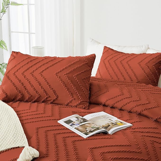 Andency Burnt Orange Oversized Super King Plus Comforter Set 128x120, Extra Large King Size Comforter Oversize Boho Soft Warm Bedding Comforter Sets, 3 Pieces Aesthetic Chevron Textured Bedding