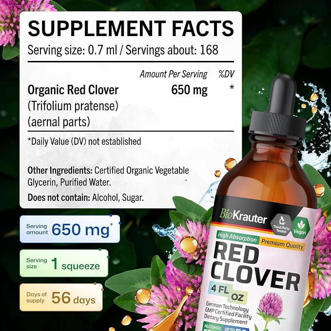 BIO KRAUTER® Perimenopause & Menopause Supplements for Women* - Red Clover Supplement 4 Fl.Oz 56-Day Supply - Vegan Red Clover Extract for Menopause Support & Women's Wellness - Alcohol & Sugar Free