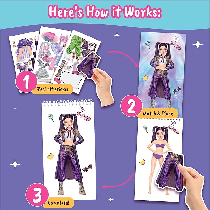 Sticker Dress up K-Pop - Sticker Activity Book for Kids. Learn Girls Fashion Design with Stickers and Guides for Kids 5 and up. Little Designer Creativity Book. K-Pop Singer Performance