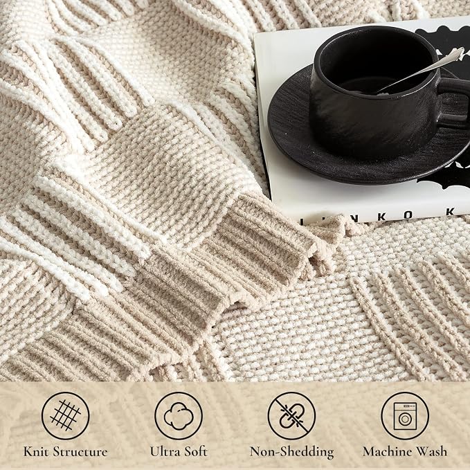 Knit Throw Blanket, Soft Chenille Cozy Breathable Dual Tone Checkered Chunky Decorative Blanket for Couch, Bed & Sofa, French-Inspired Lightweight Warm Gift for Women, Beige, 50"x60"