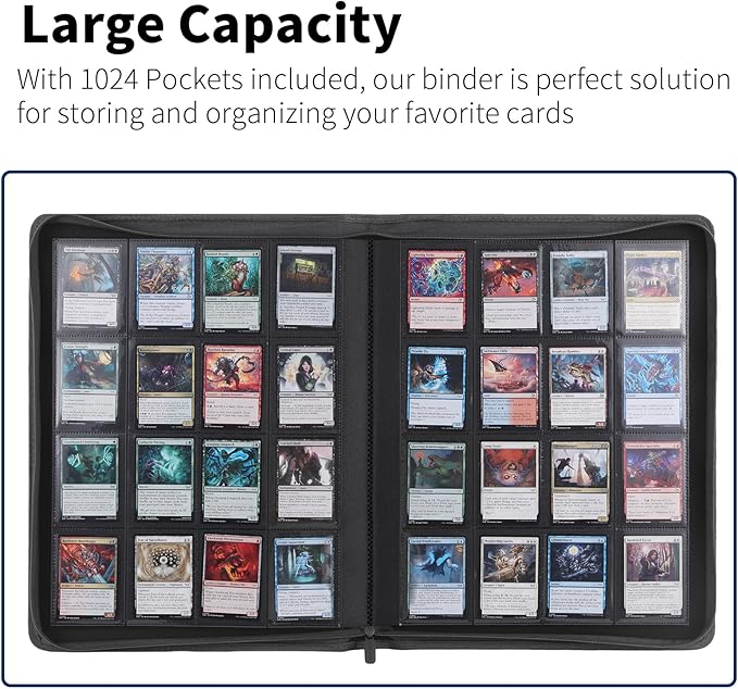 Snekdy premium 1024-pocket trading card binder, 16-pocket cards album, waterproof PU-leather Cover album with side loading, holds gaming, baseball, basketball & sports cards (light grey)