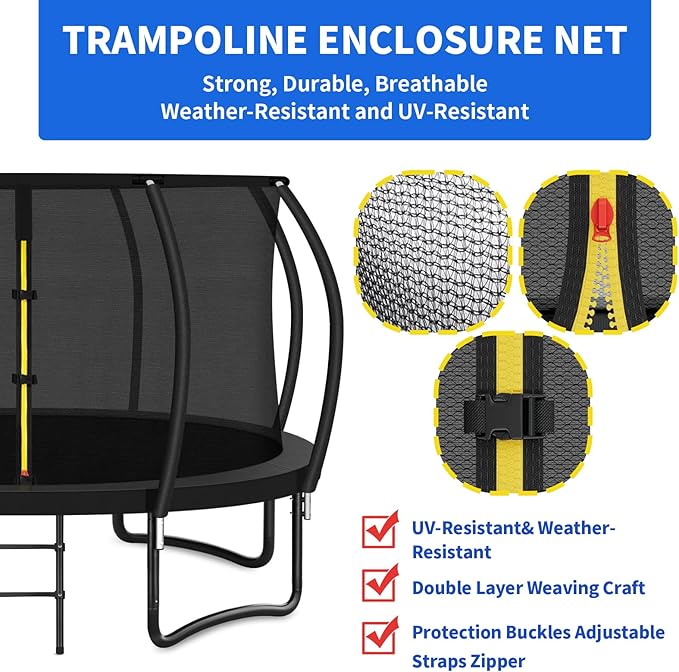 Top Ring Trampoline Enclosure Net Replacement-for 8 Curved Poles Top Ring System, Round Safety Net Only, Trampoline Accessories with Protection Buckles Adjustable Straps Zipper