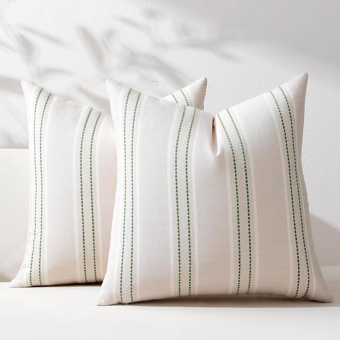 Hckot Striped Throw Pillow Covers 16x16 Set of 2 Grass Green Pillow Covers | Farmhouse Decorative Pillows Textured Linen Square Cushion Covers for Sofa Couch Bed Living Room Decor(Grass Green)