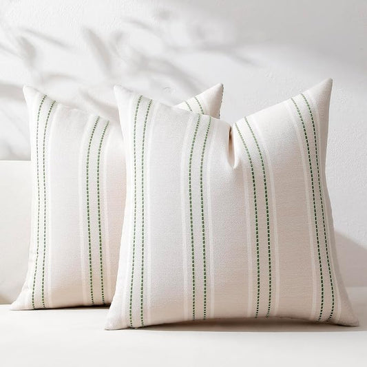 Hckot Striped Throw Pillow Covers 16x16 Set of 2 Grass Green Pillow Covers | Farmhouse Decorative Pillows Textured Linen Square Cushion Covers for Sofa Couch Bed Living Room Decor(Grass Green)