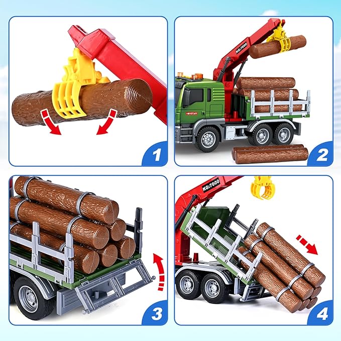 SpringFlower Boy Truck Toys, 3 4 5 6 Years Old Farm Truck Vehicle, Timber Toy with Loading Crane & Lights & Sounds, 3 4 5 6 Kids Toddles Birthday for Boys Girls