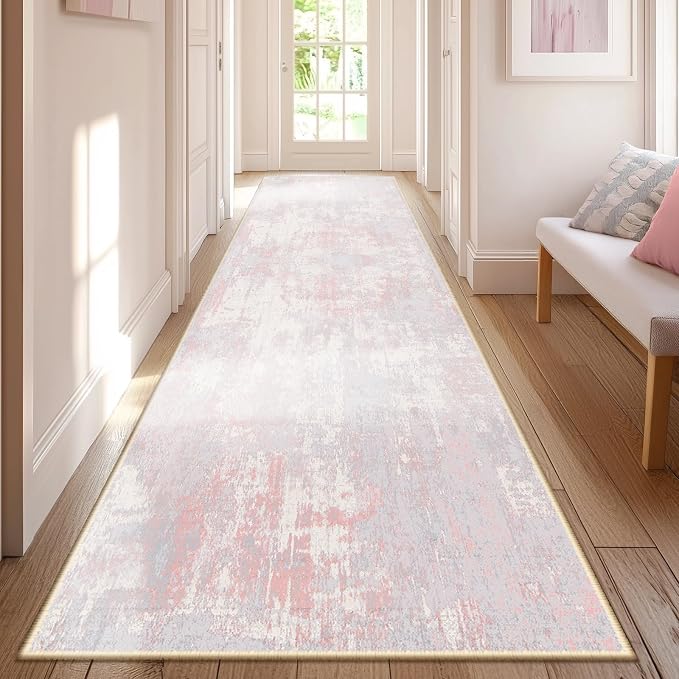 RELEANY Washable Runner 2'x6' Abstract Area Rug for Hallway Gray Pink | carpet for kitchen, entryway, bathroom, living room, bedroom, printed pattern, non-slip, soft, stain-resistant, easy to clean