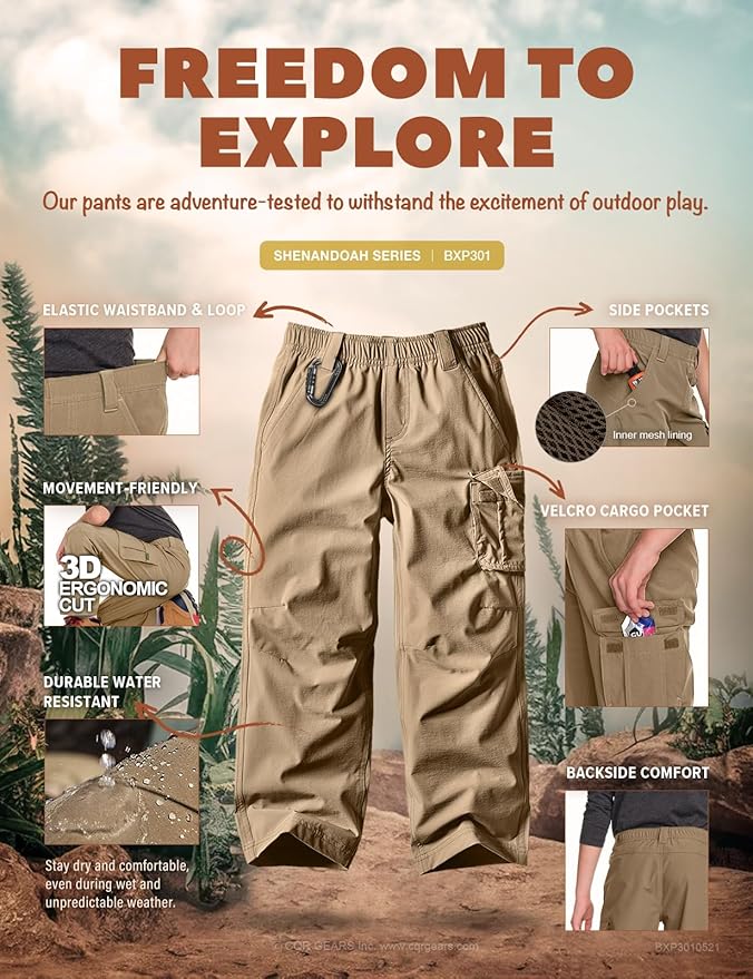 CQR Kids Boy’s Hiking Cargo Pants, Water Resistant UPF 50+ Quick Dry Youth Casual Outdoor Climbing Camping Trousers