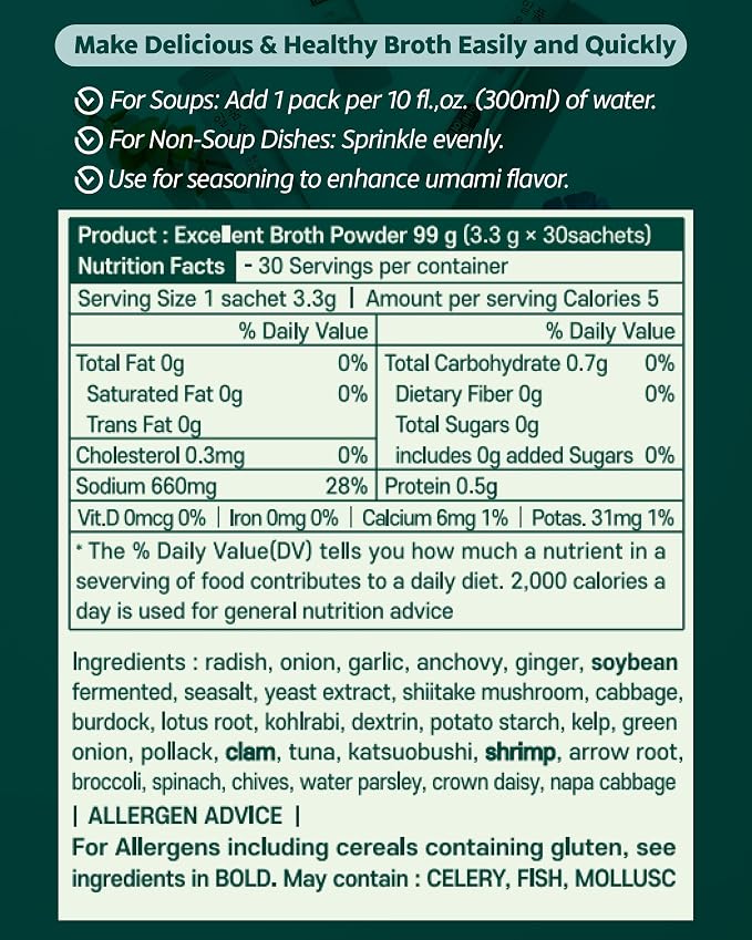 Yorit Instant Korean Seafood & Vegetable Broth Powder, 30 Sticks | 27-Ingredient Umami Stock, No Added MSG; Dissolves Hot or Cold Without Simmering, for Stews, Ramen, Hot Pot & Stir-Fries