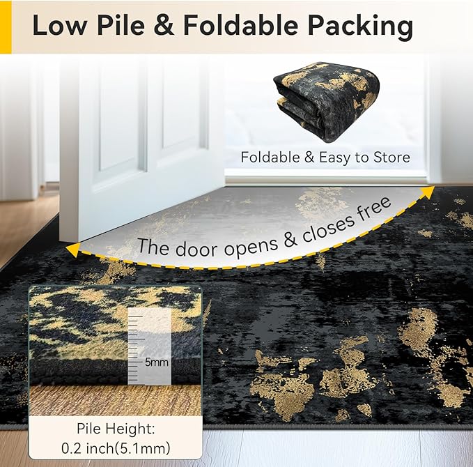 RELEANY Washable 2'x4' Abstract Area Rug for Living Room Black Gold | carpet for bedroom, kitchen, office, hallway and entryway, printed pattern, non-slip, soft, stain-resistant, easy to clean