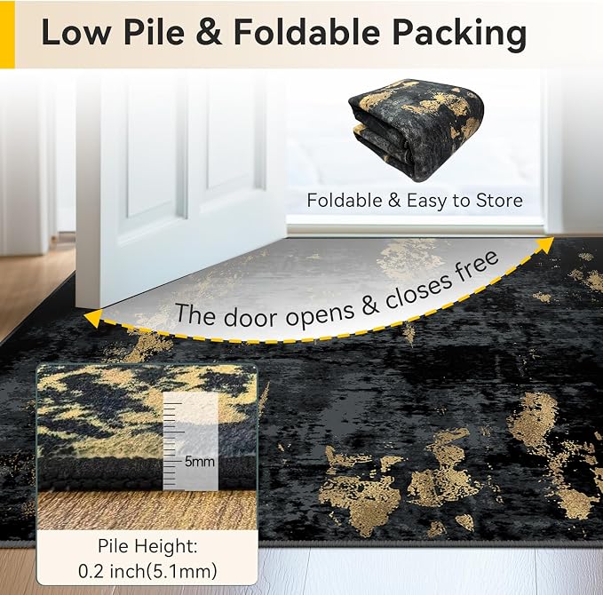 RELEANY Washable 10'x12' Abstract Area Rug for Living Room Black Gold | carpet for bedroom, kitchen, office, hallway and entryway, printed pattern, non-slip, soft, stain-resistant, easy to clean