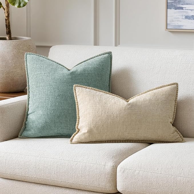 MIULEE Decorative Lumbar Throw Pillow Covers 12x20 Inch Beige 2 Pack | Neutral Farmhouse Pillow Covers with Stitched Edge, Soft Chenille Cushion Cases, for Couch Sofa Bed Living Room Home Decor