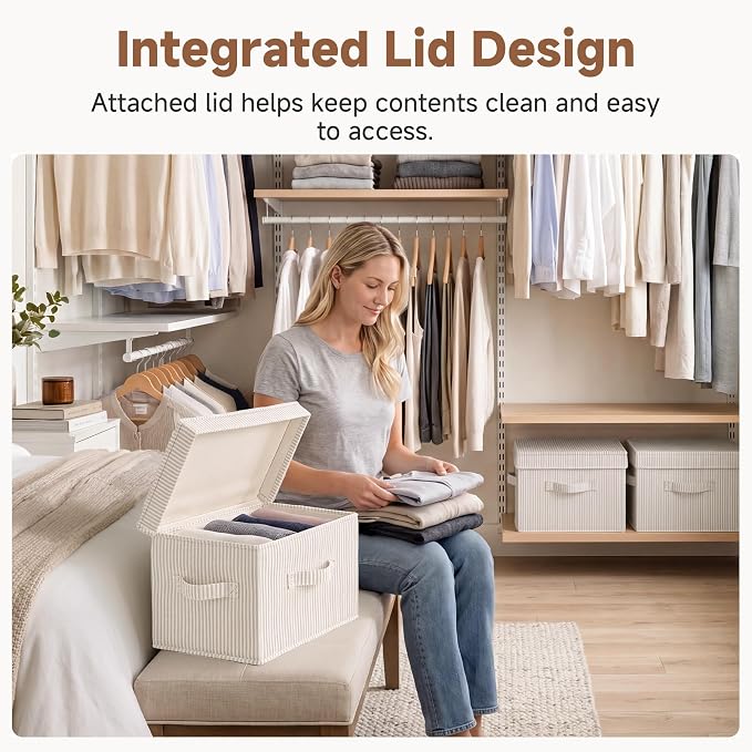 StorageWorks Closet Storage Bins, Fabric Storage Bins with Lids | Flip-Top Lid, 3 Handles, Collapsible, Stackable, for Clothes Blankets, Multi-Purpose, Medium, Khaki and Beige Stripes, 2-Pack