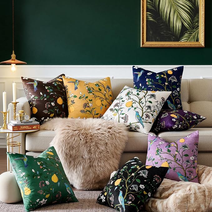 MUSSEL Purple Velvet Floral Decorative 20x20 Pillow Covers Set of 2 | Durable Sturdy,Botanical Printed Pattern,Throw Pillows Case,Square,Colorful Mid Century Cushion Covers,Sofa Couch Decor