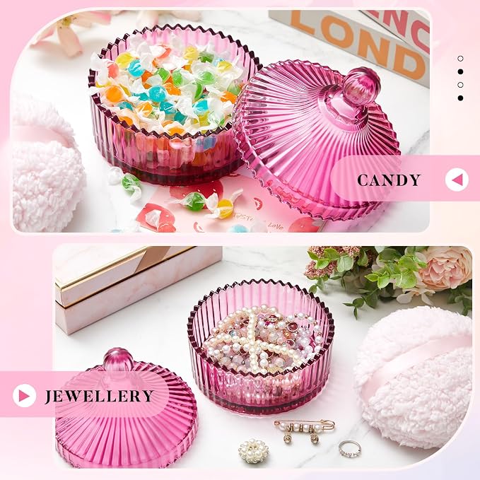 Tioncy 2 Pcs Extra Large Dusting Powder Puff and Container for Women-6'' Glass Crystal Dusting Powder Container with Body Soft Washable Reusable Velour Face(Rose Red,Classic)