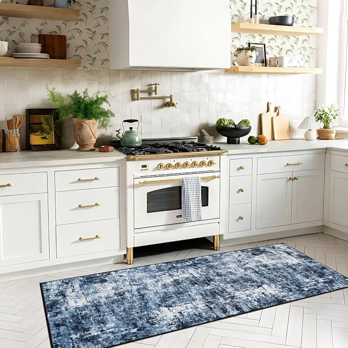 Rugflix 2x6 Runner Rug for Entryway, Washable Navy Blue Runners | Machine Washable; Stain-Resistant; Low Pile; Non-Slip; Modern Abstract; Black Carpet for Entrance Kitchen Hallway Home