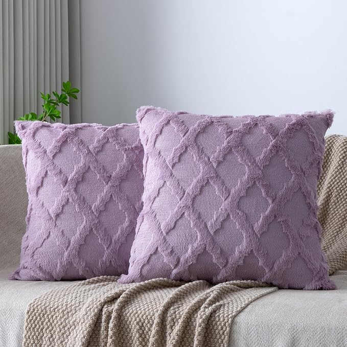 Set of 2 Soft Moroccan Throw Pillow Covers 18x18 Inch Plush Boho Decorative Pillow Cover Accent Cushion Case for Couch Sofa Bed, Purple