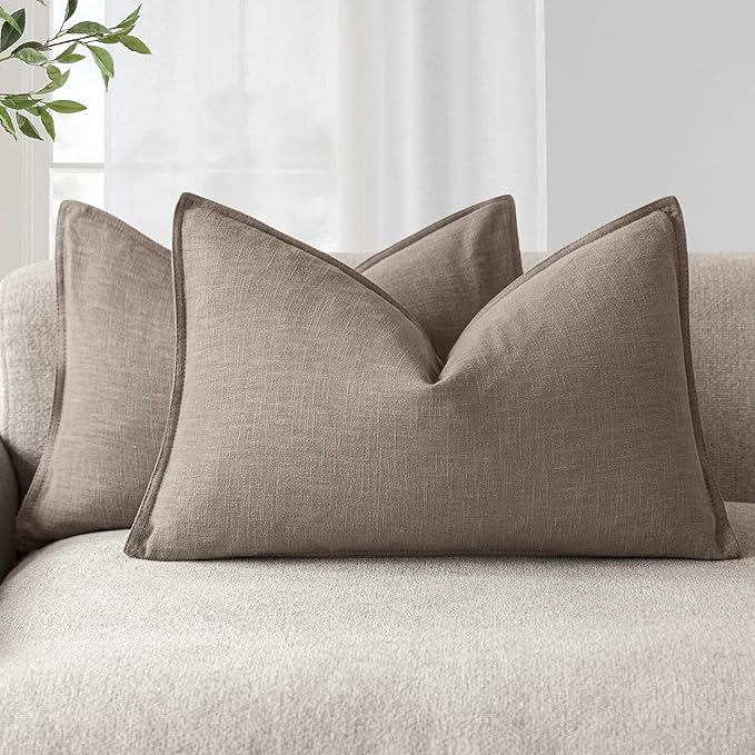Foindtower Pack of 2, Decorative Linen Solid Throw Pillow Covers Accent Lumbar Cushion Case Boho Farmhouse Pillowcase for Chair Couch Sofa Bedroom Living Room Home Decor 12 x 20 Inch Brown Tan