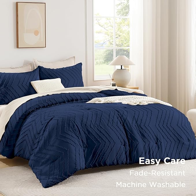 Andency Navy Blue California King Comforter Set, Boho Cal King Soft Warm Tufted Neutral Bedding Comforter Sets, 3 Pieces Cali King Aesthetic Chevron Farmhouse Cute Bohemian Textured Bedding Set