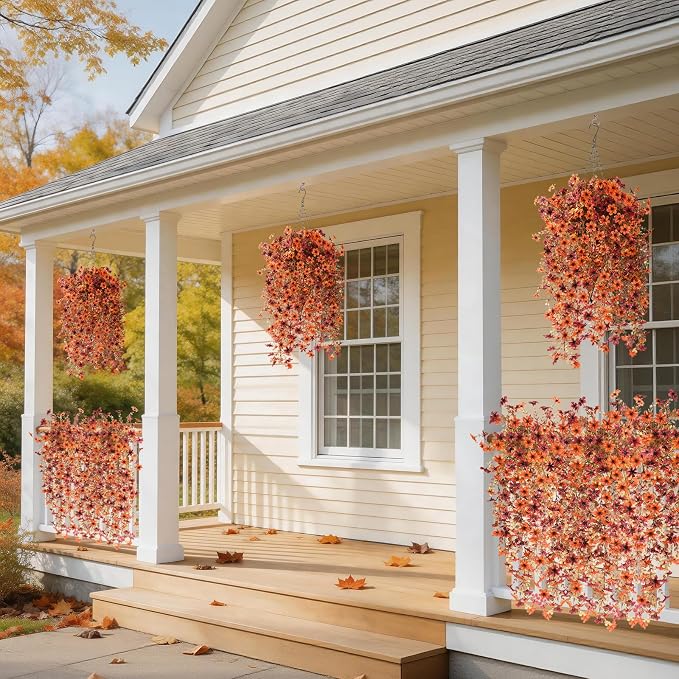 INQCMY Artificial Fake Hanging Flowers Plants for Outdoor Fall Decoration | 4PCS Faux Silk Daisy with Eucalyptus Leaves,UV Resistant Look Real for Outside Home Planter Porch Patio Yard Autumn Decor
