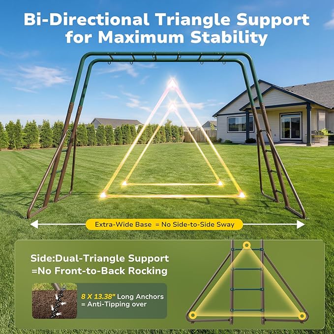 Hapfan Swing Sets for Backyard with Monkey Bars, Trapeze Bar & 2 Belt Swings, Heavy Duty Metal Playground Sets for Kids, Outdoor Jungle Gym Playset (Green & Brown)