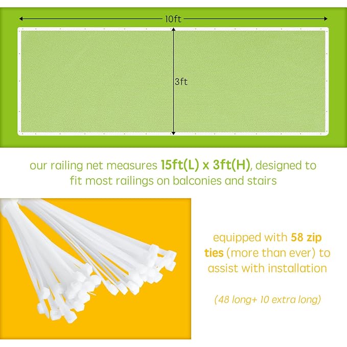 Banister Guard for Baby - 15ft x 3ft, Child Safety Net, Rail Balcony Banister Stair Mesh for Kids, Toys, Pets - White
